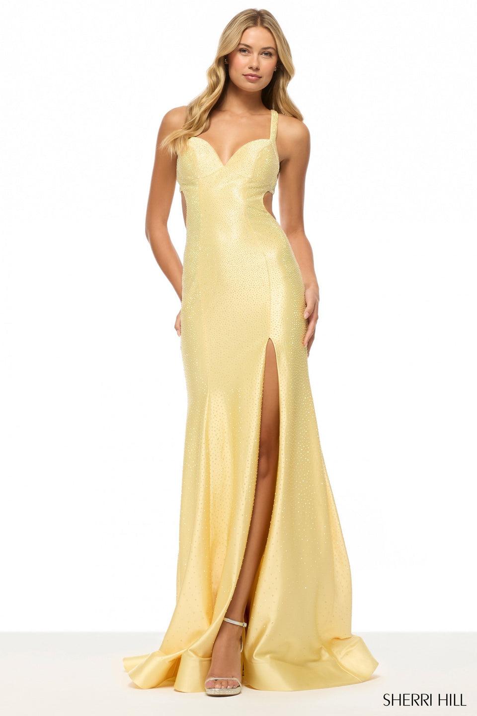 Sherri Hill Fitted Hot Fix Gown With Skirt Slit And An Open Back
