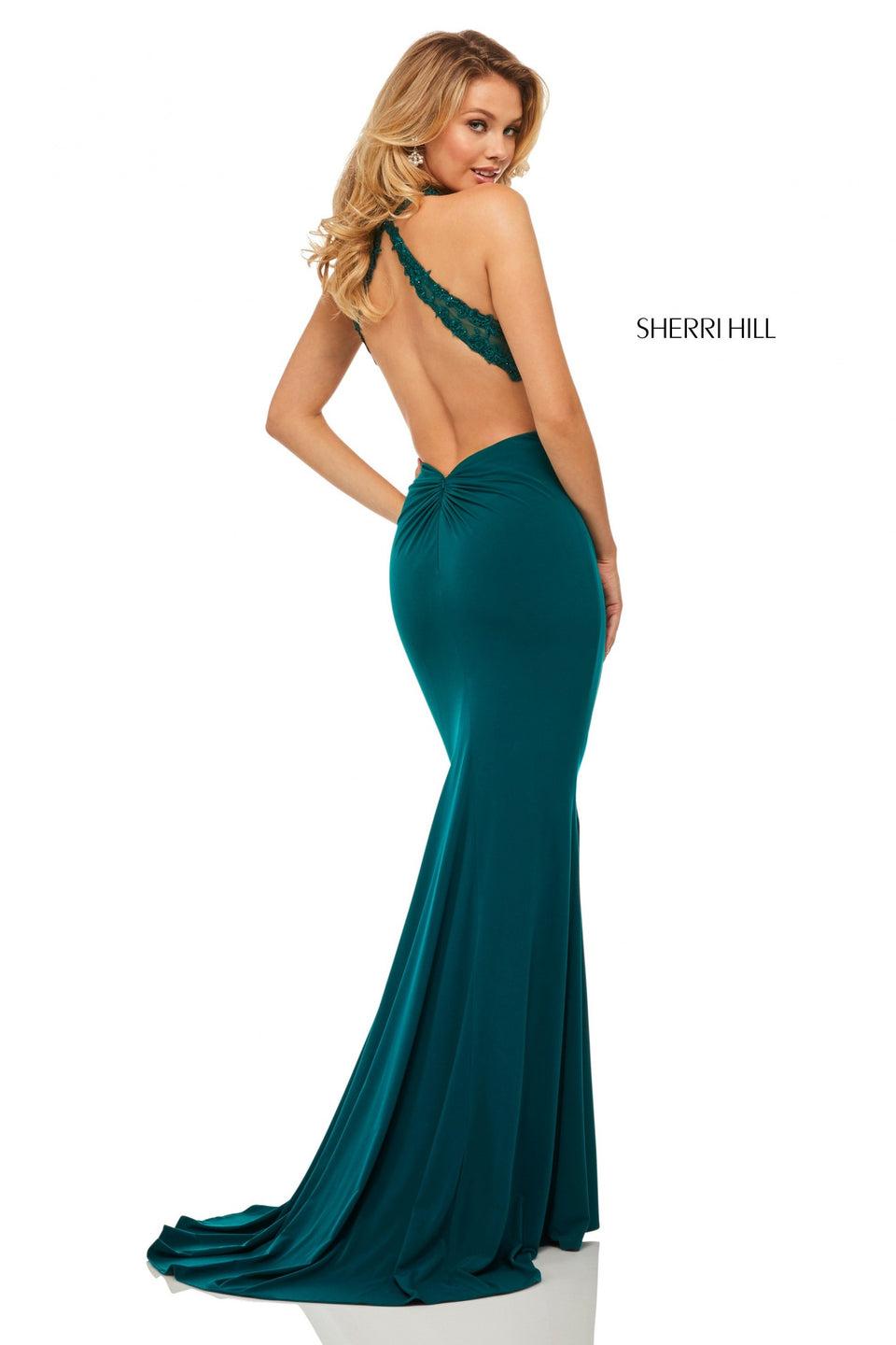 sherri hill Fitted jersey gown with a lace bodice and open back