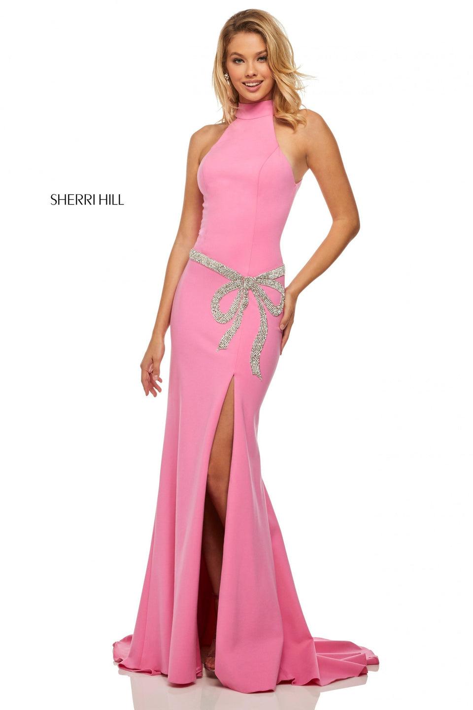 sherri hill Fitted jersey gown with a slit and beaded bow waistband