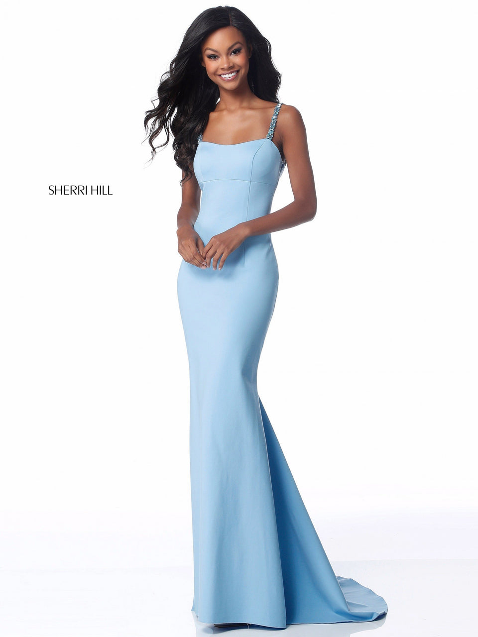 Sherri Hill Fitted Jersey Gown With Bead Encrusted Straps