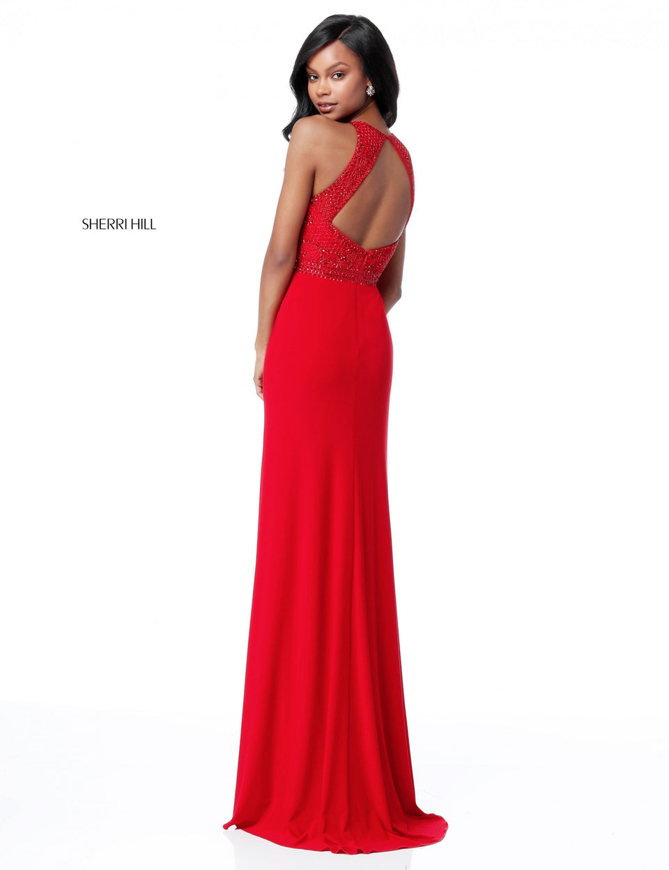 Sherri Hill Fitted Jersey Gown With Beaded High Neck Bodice And Open Back