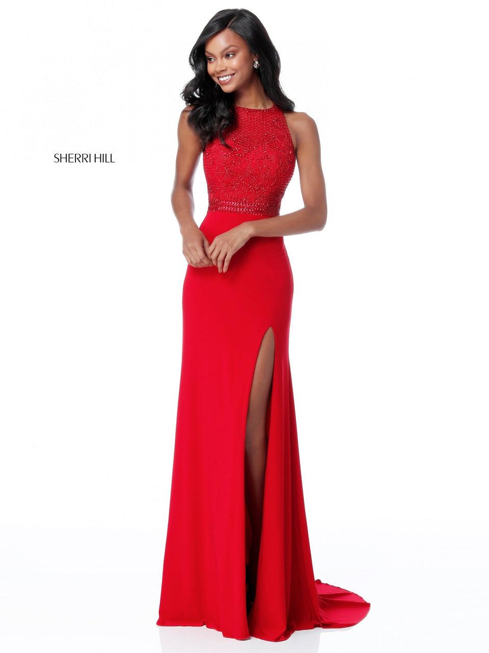 sherri hill Fitted jersey gown with beaded high neck bodice and open back
