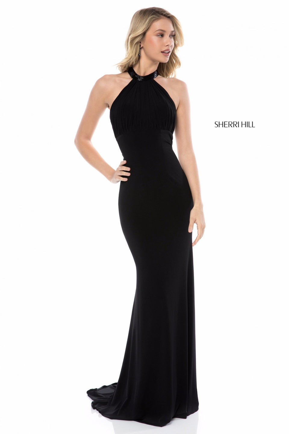 Sherri Hill Fitted Jersey Gown With High Neck And Bodice And Cut Out Back