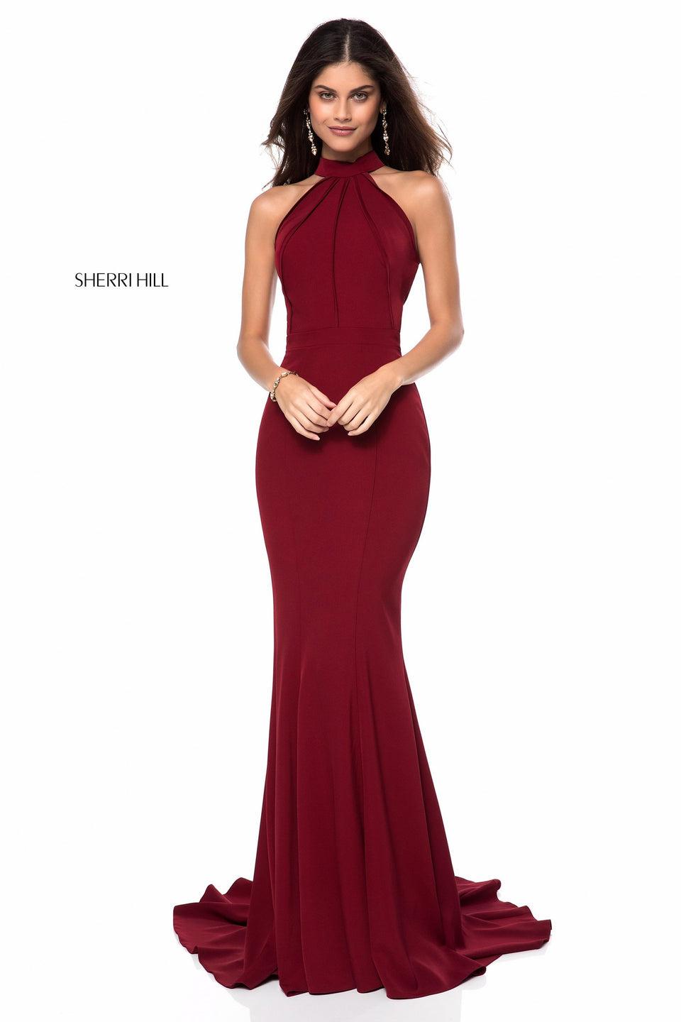 Sherri Hill Fitted Jersey Gown With High Neck Bodice And Cut Out Back