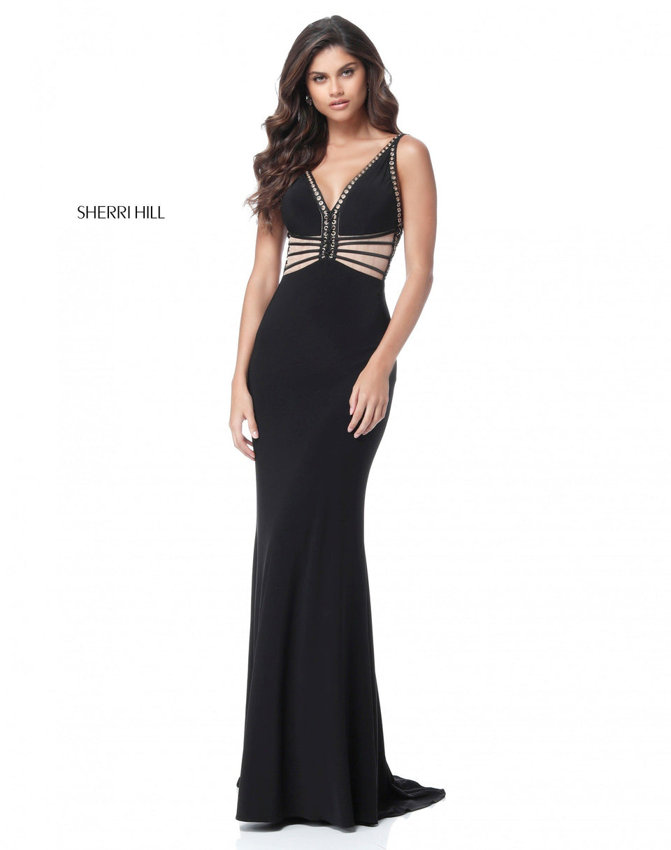 Sherri Hill Fitted Jersey Gown With V Neck Cut Out Bodice