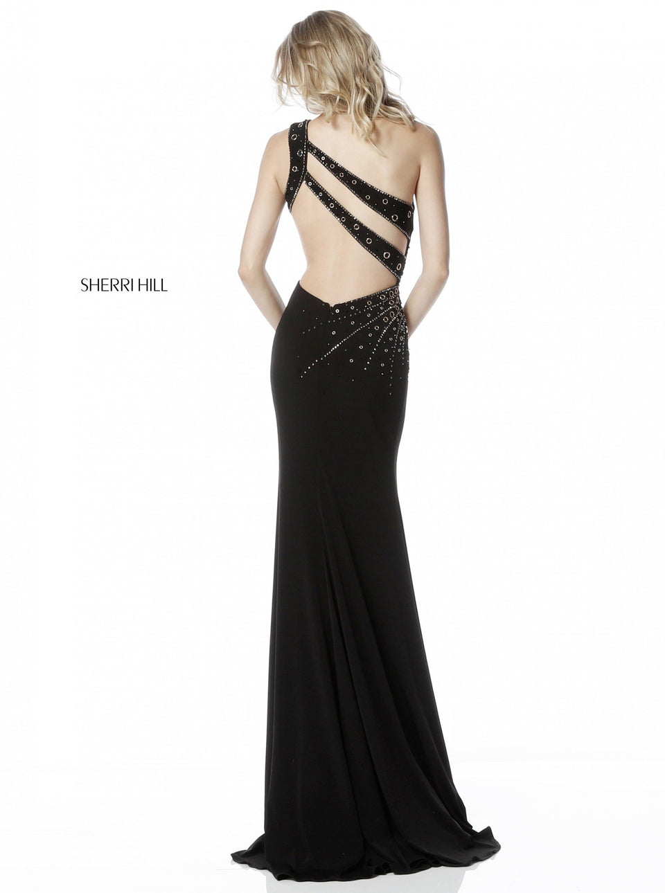 Sherri Hill Fitted Jersey One-shoulder Gown With Bead Appliques And Cut Out Back
