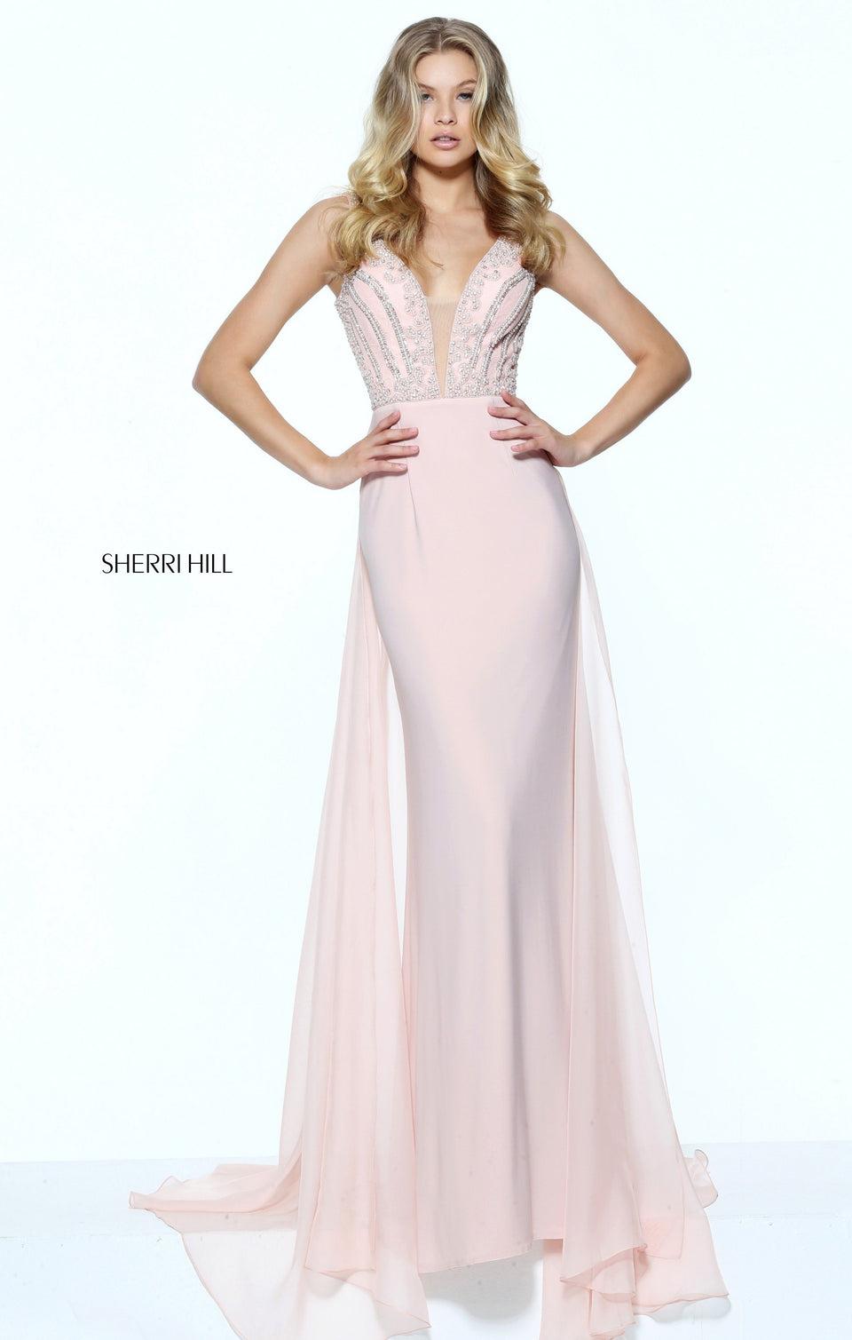 sherri hill Fitted jersey with a pearl and bead encrusted bodice and a chiffon over skirt