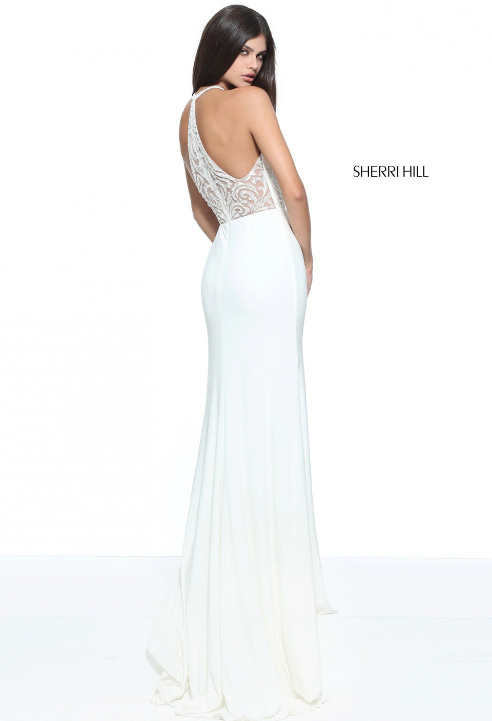 Sherri Hill Fitted Jersey With A Skirt Slit Beaded Bodice And T-back