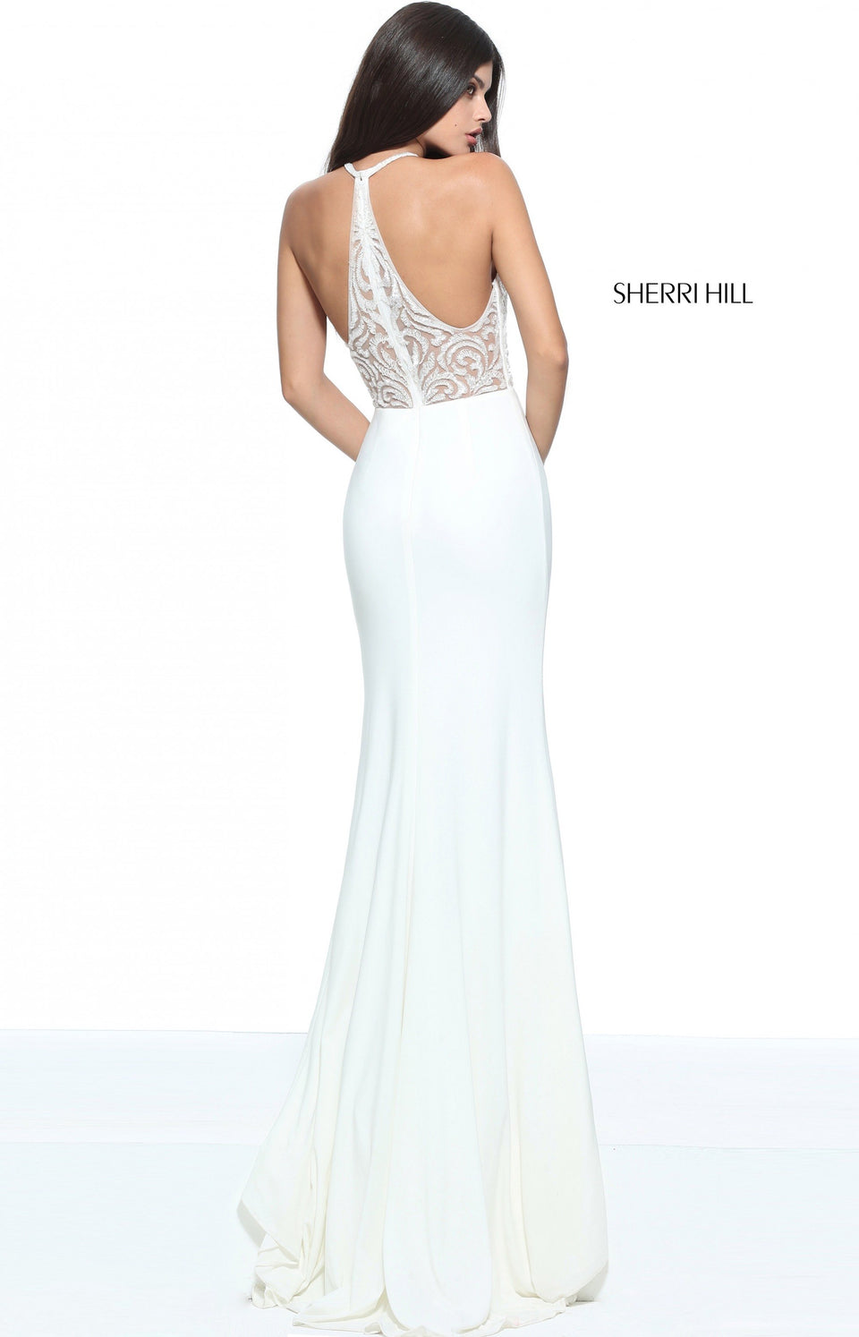 Sherri Hill Fitted Jersey With A Skirt Slit Beaded Bodice And T-back