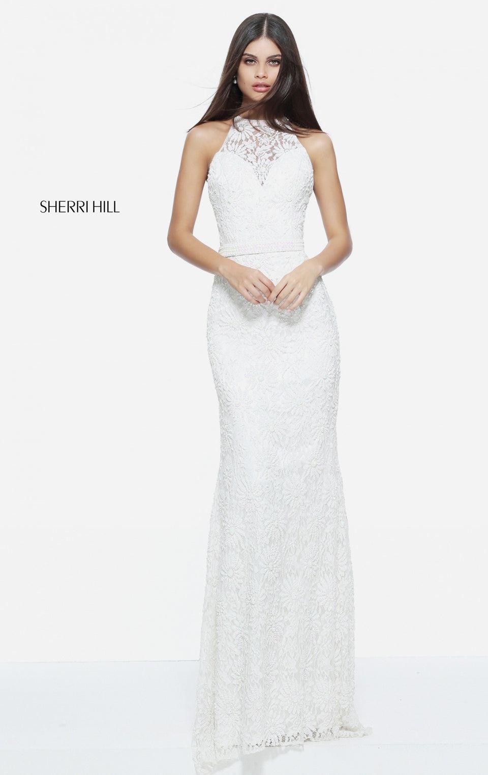 sherri hill Fitted lace and sequin gown with cut out back