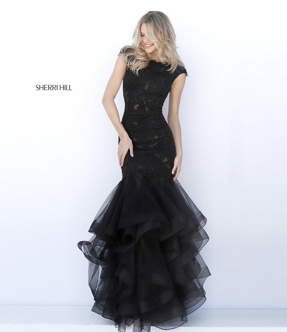Sherri Hill Fitted Lace Appliqued Gown With Tulle Mermaid Skirt