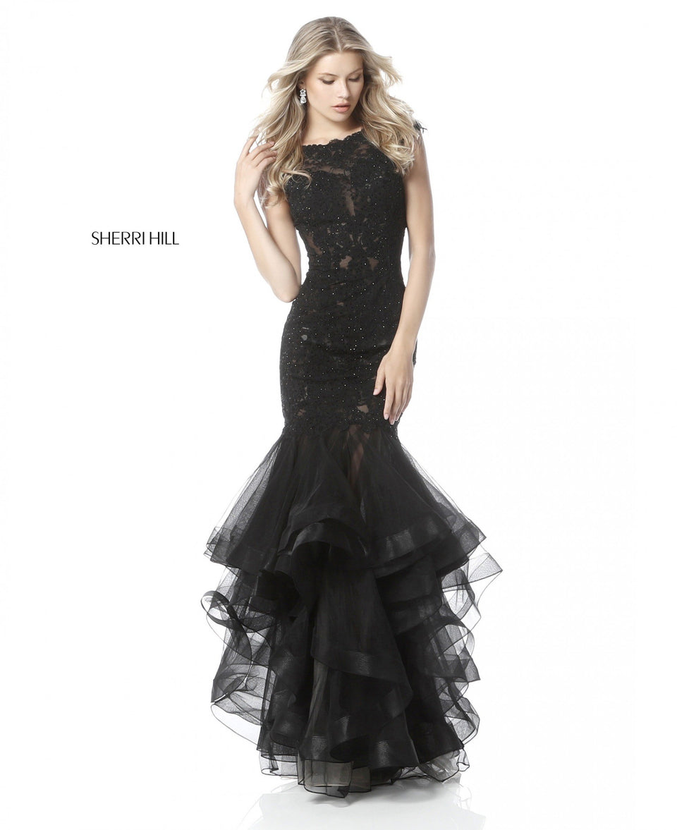 sherri hill Fitted lace appliqued gown with tulle mermaid skirt