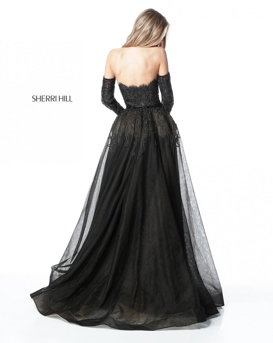 Sherri Hill Fitted Lace Gown With Off-the-shoulder Long Sleeves And Tulle Overskirt