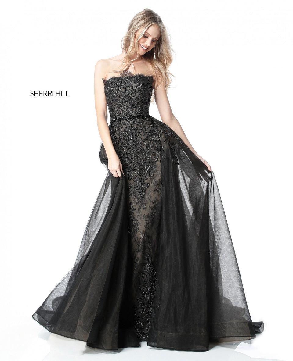 Sherri Hill Fitted Lace Gown With Off-the-shoulder Long Sleeves And Tulle Overskirt