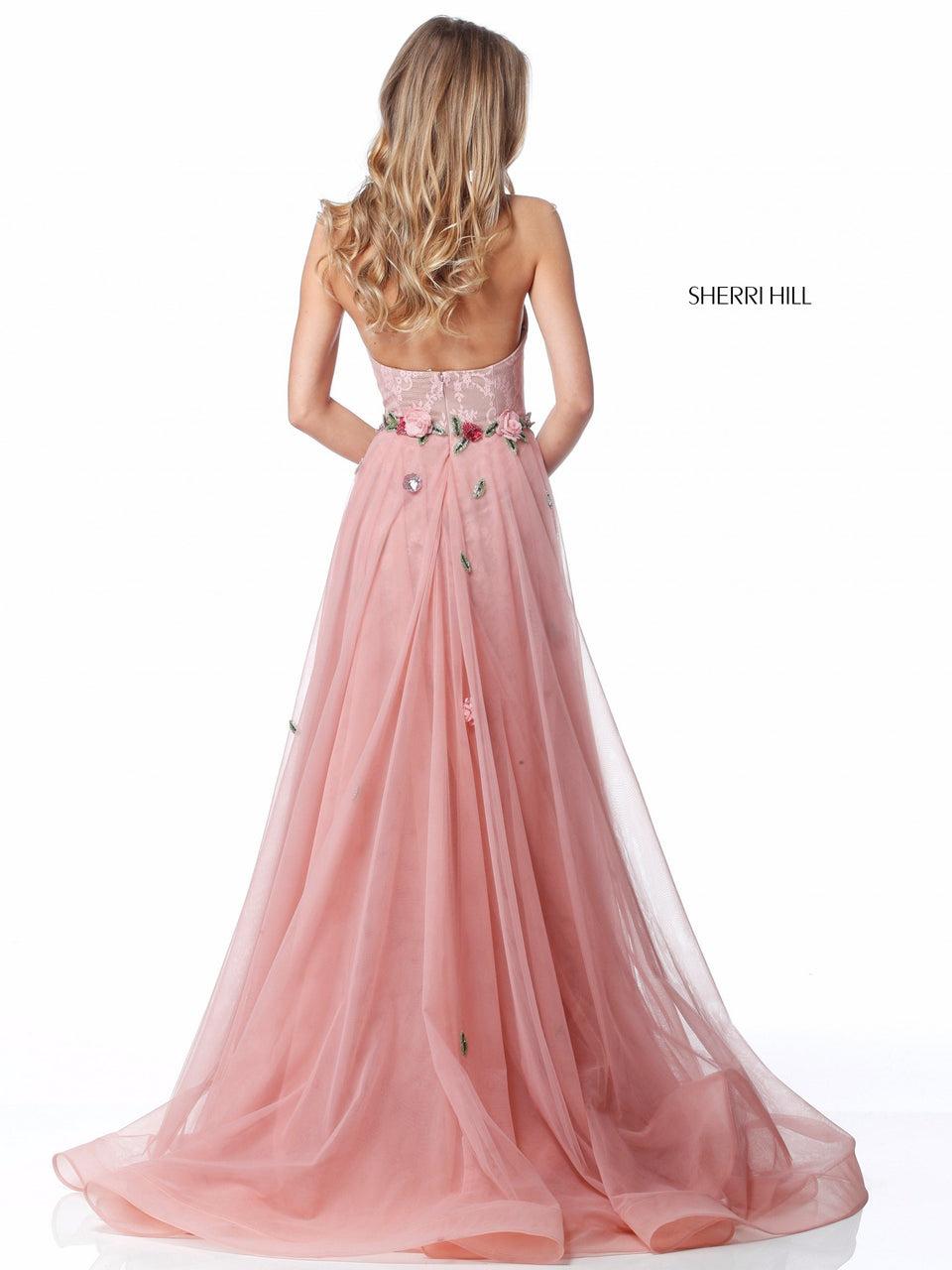 Sherri Hill Fitted Lace Gown With Strapless Sweetheart Bodice Flower Appliqued Details And Chiffon Overskirt