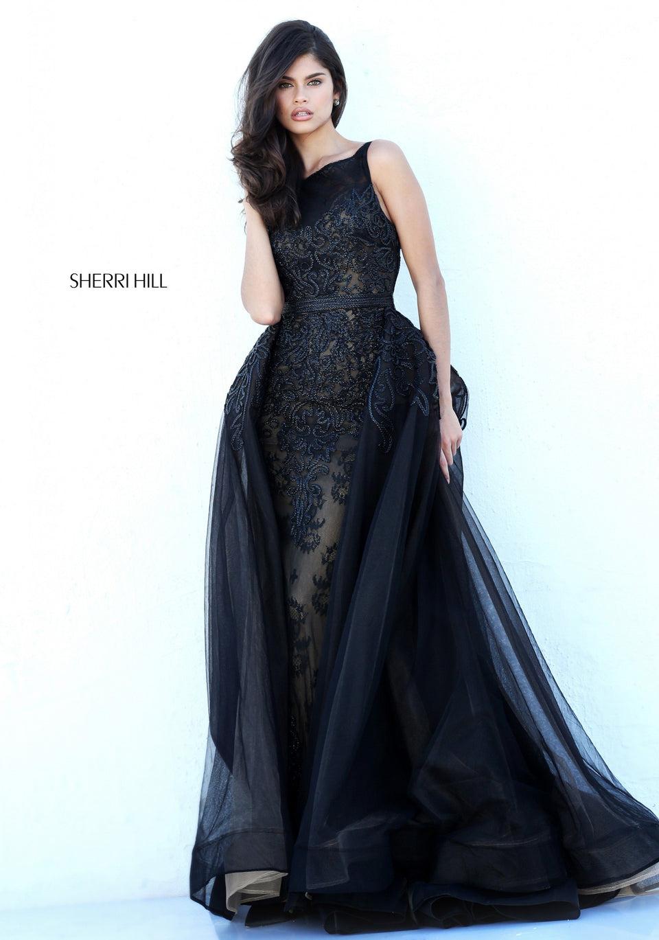 Sherri Hill Fitted Lace Gown With Tulle Over Skirt And Abstract Floral AppliquÃ©