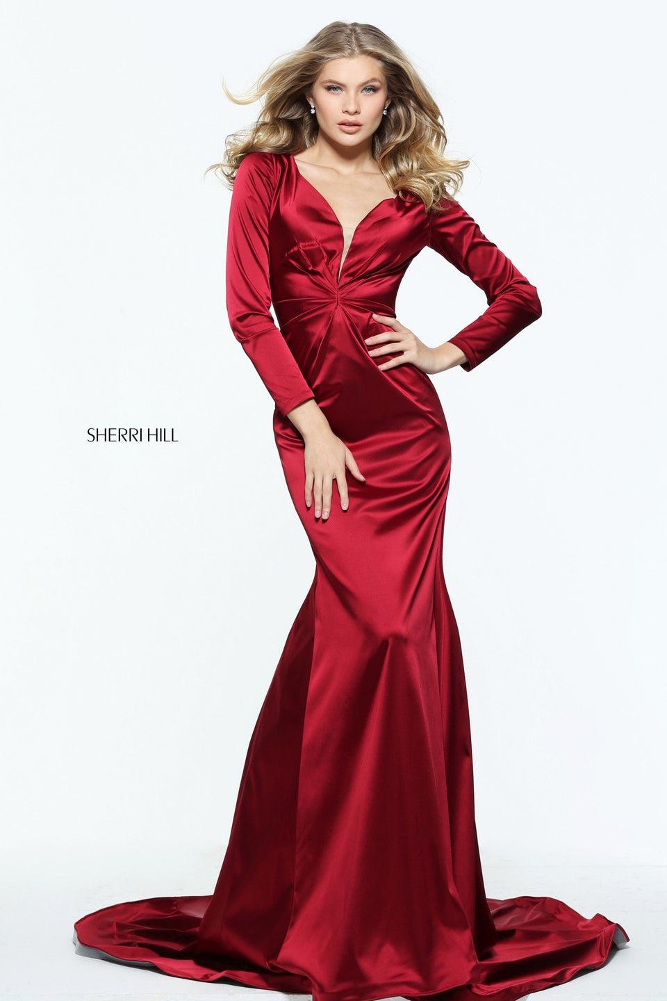 sherri hill Fitted long sleeve stretch satin with ruching above the waist