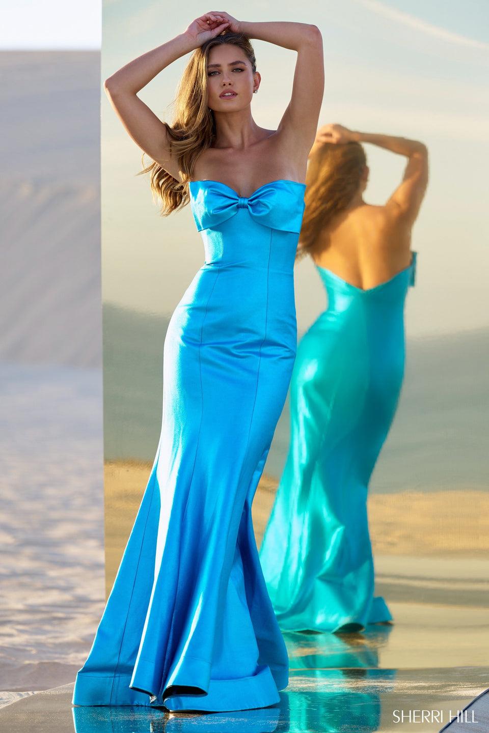 Sherri Hill Fitted Metallic Leather Gown With A Neckline Bow