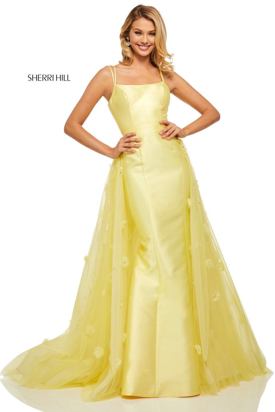 sherri hill Fitted mikado gown with a tulle overskirt