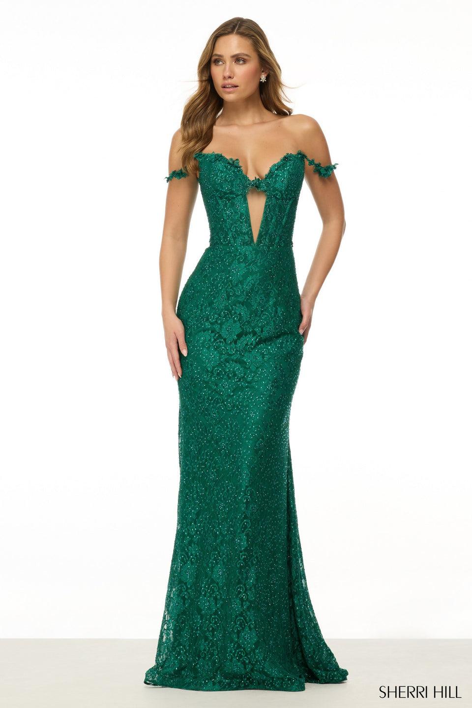 sherri hill Fitted off the shoulder lace gown with keyhole