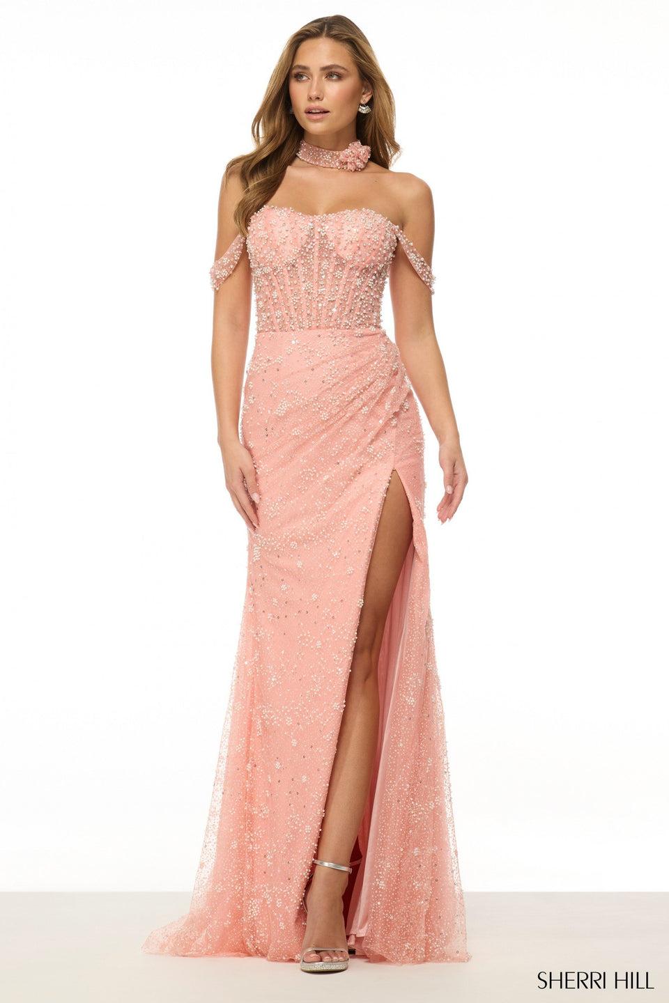 sherri hill Fitted pearl gown with off the shoulder straps corset bodice skirt slit and a choker
