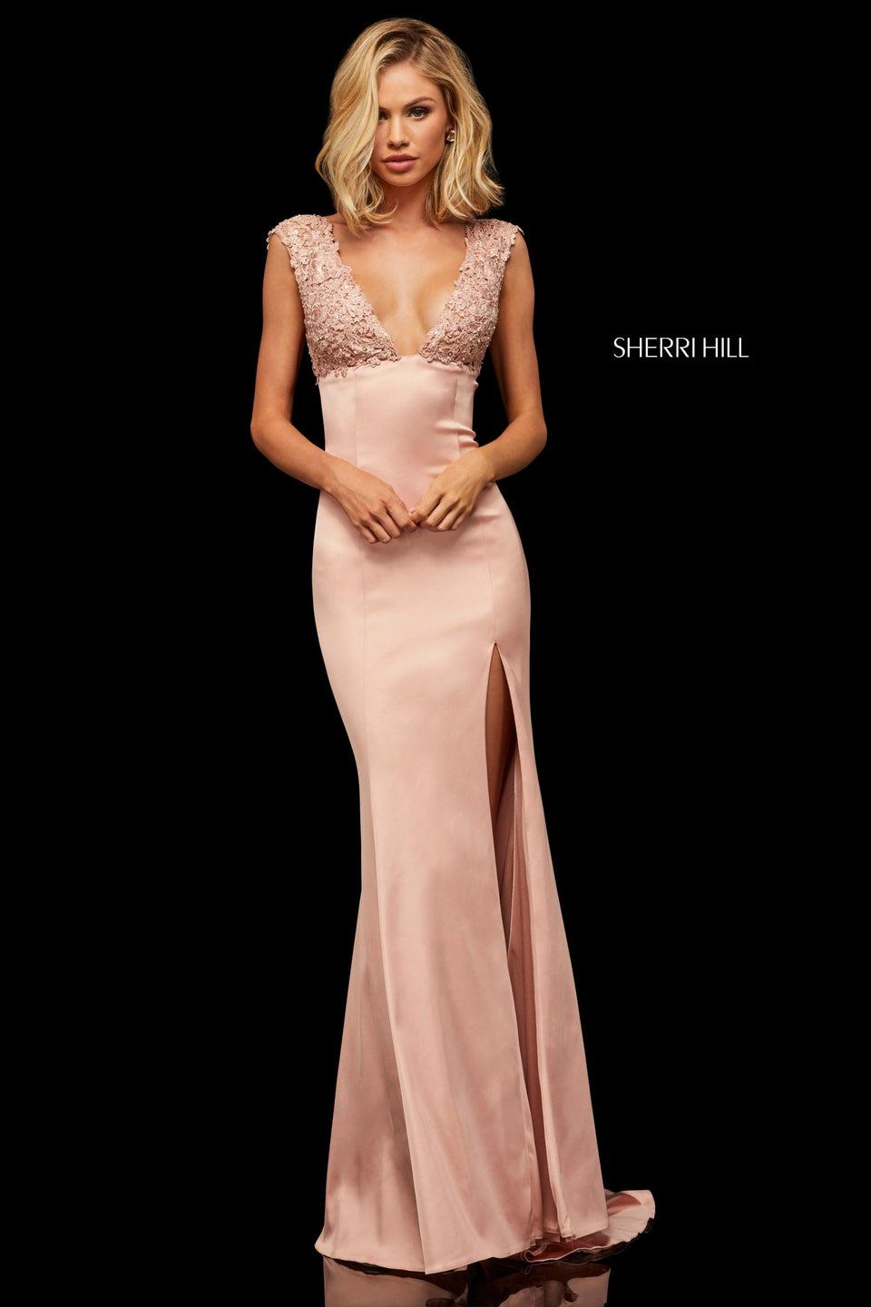 Sherri Hill Fitted Satin Gown With Lace Bust And Sleeves And Open Back With Criss-cross Lace Up