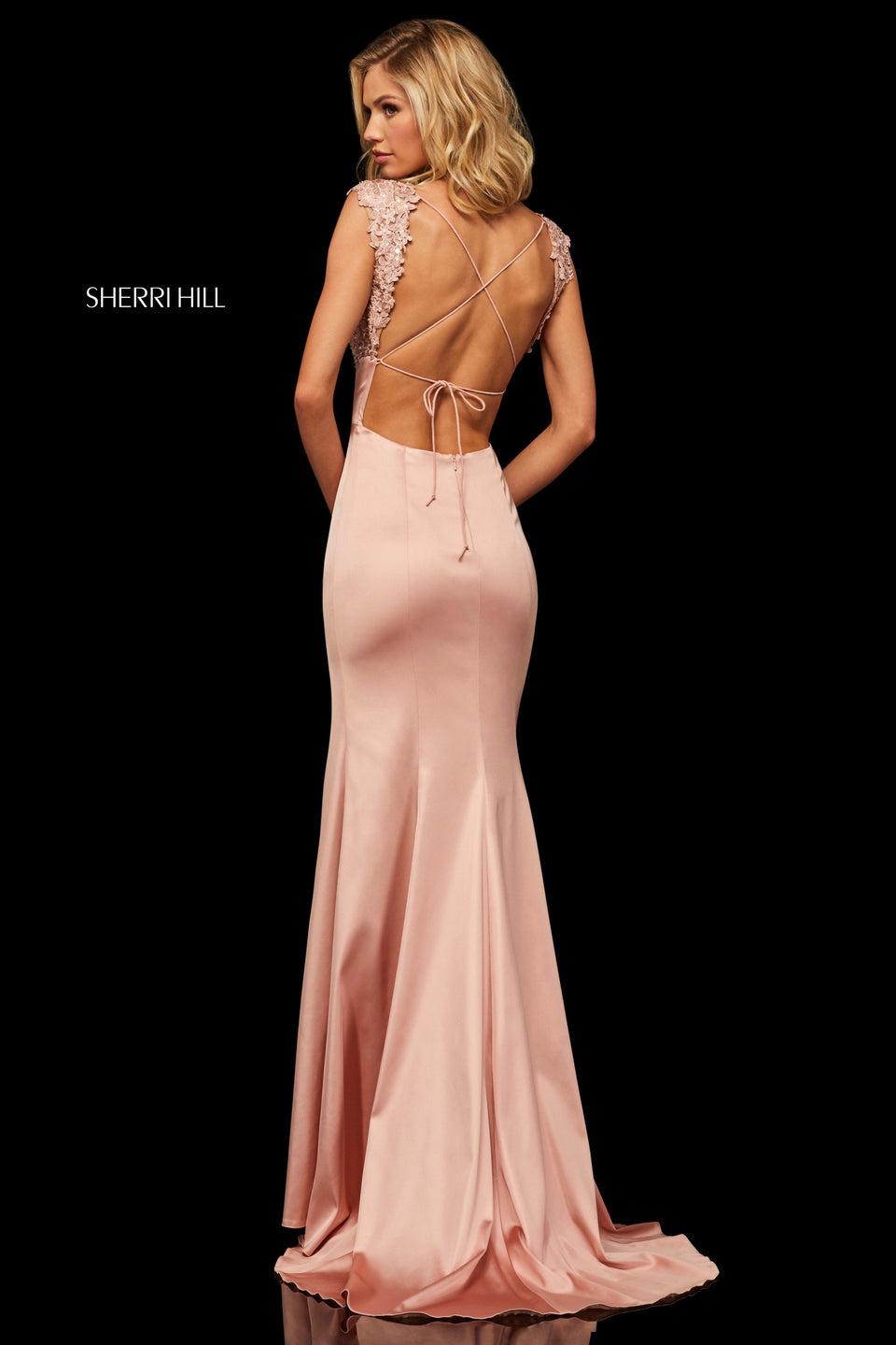 Sherri Hill Fitted Satin Gown With Lace Bust And Sleeves And Open Back With Criss-cross Lace Up