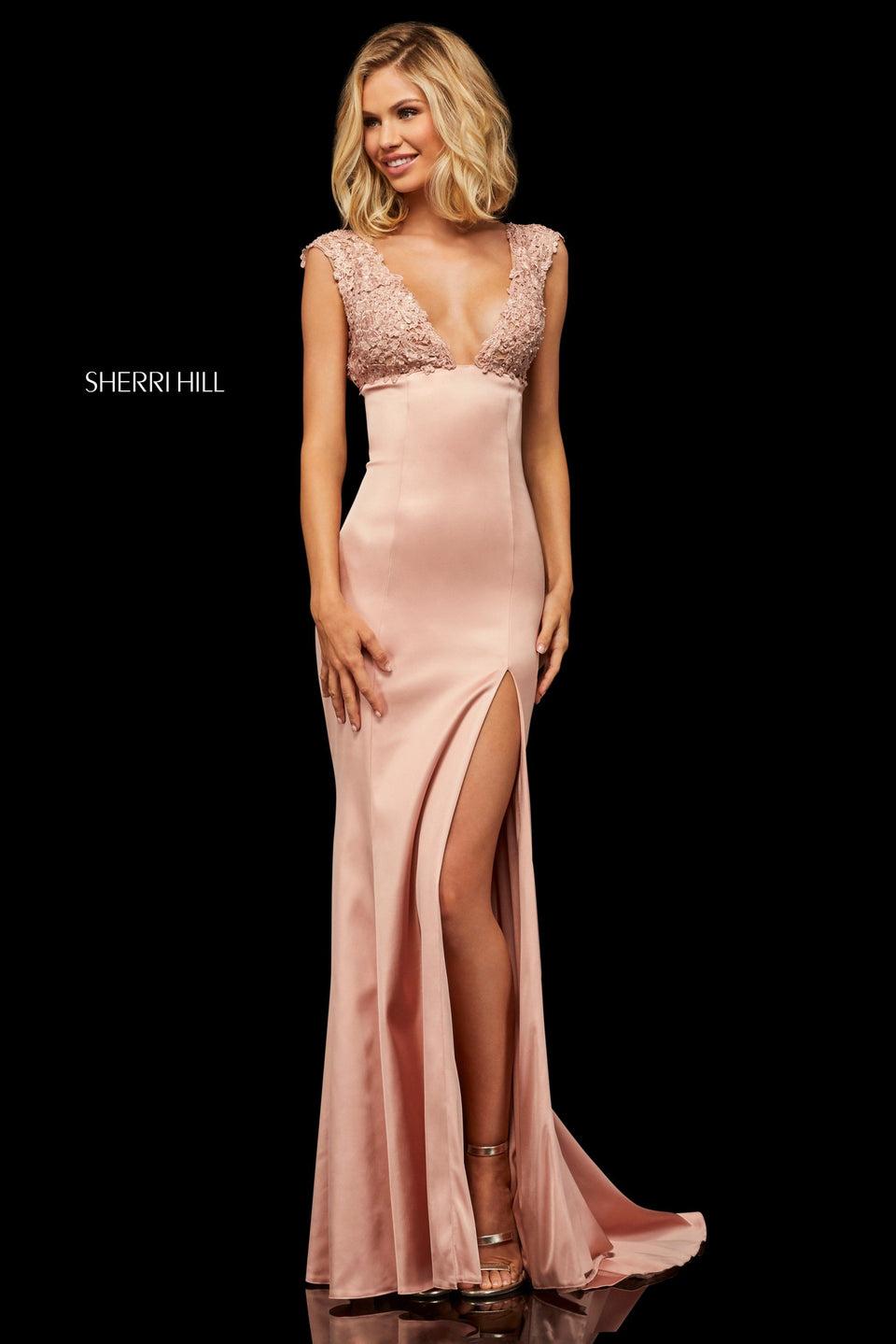 sherri hill Fitted satin gown with lace bust and sleeves and open back with criss-cross lace up