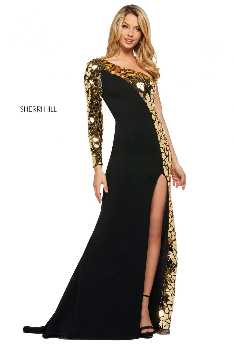 Sherri Hill Fitted Scuba Dress With One Shoulder Long Sleeve Neckline Skirt Slit And Cut Glass Mirror Embellishments Down The Sleeve And Side