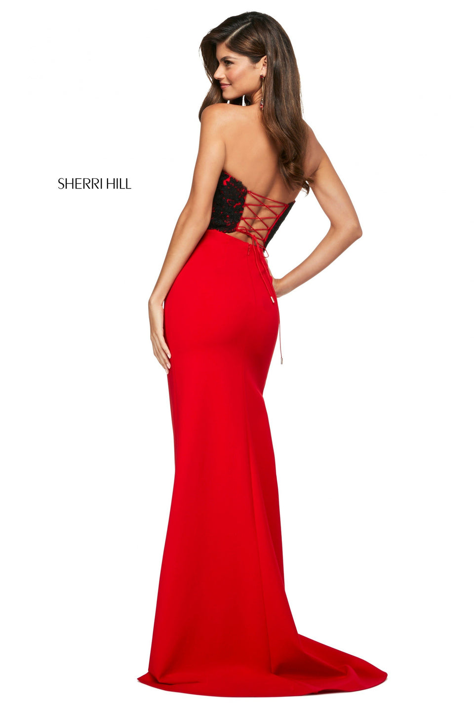 Sherri Hill Fitted Scuba Dress With Strapless Neckline Corset Style Back And Lace Trimmed Skirt Slit