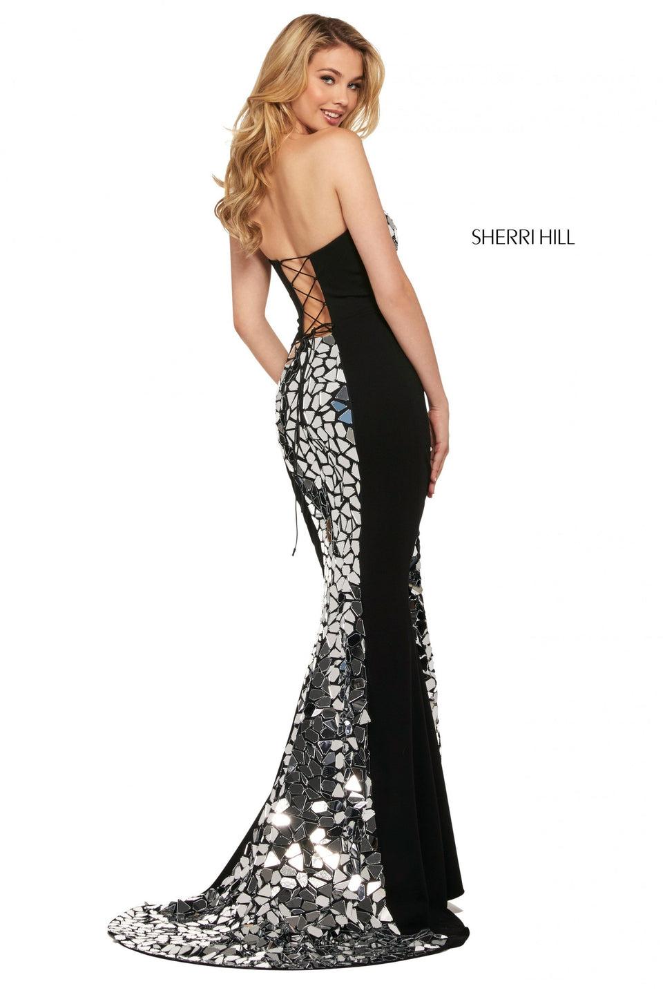 Sherri Hill Fitted Scuba Dress With Strapless Neckline Corset Style Lace Up Back And Cut Glass Mirror Embellishments Down The Front And Back