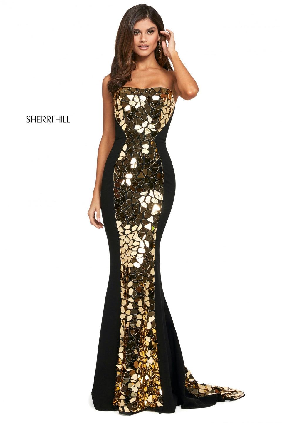 sherri hill Fitted scuba dress with strapless neckline corset style lace up back and cut glass mirror embellishments down the front and back