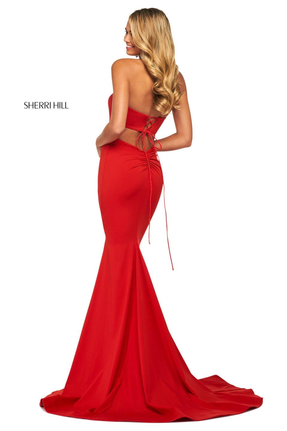Sherri Hill Fitted Scuba Dress With Strapless Neckline Lace Up Back Back Cut Out Lower Back Ruching And Skirt Slit