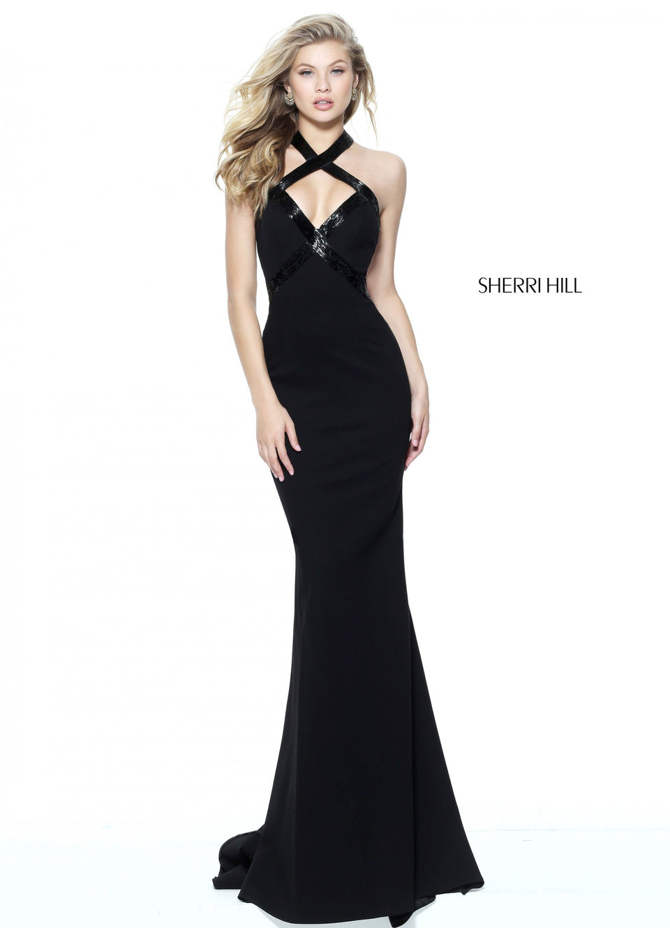 Sherri Hill Fitted Scuba With Cross Neck Liquid Beading Detail