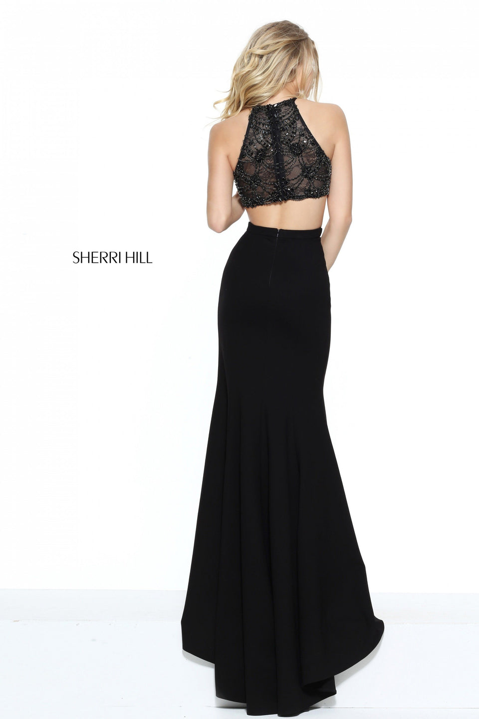 Sherri Hill Fitted Scuba With Cut Out Sides High Neckline Skirt Slit And Beaded Back