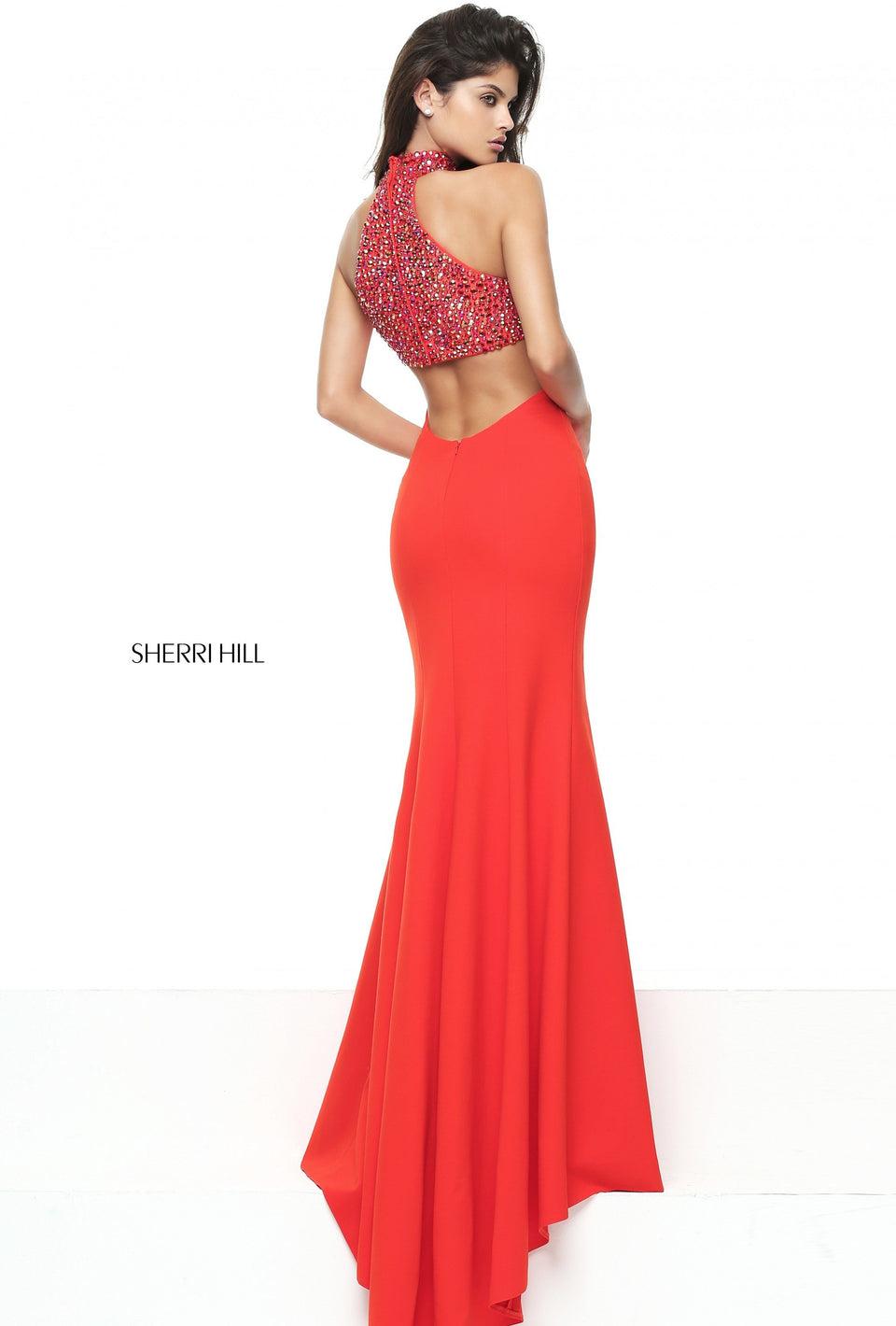 Sherri Hill Fitted Scuba With High Neck Beaded Bodice And An Open Back