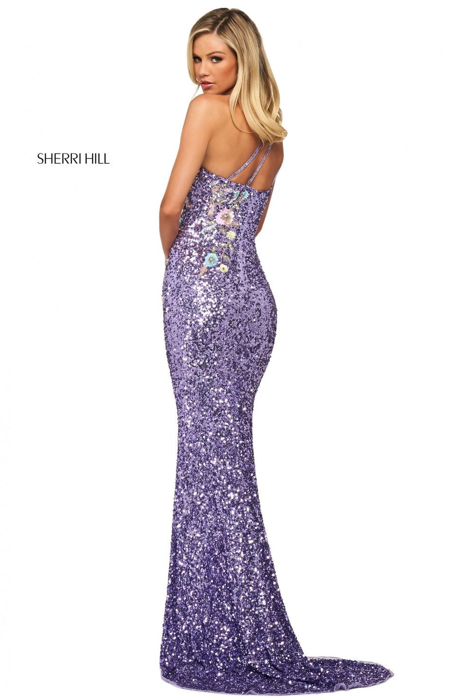 Sherri Hill Fitted Sequin Gown With Beaded Floral Pattern Skirt Slit And One Shoulder Neckline