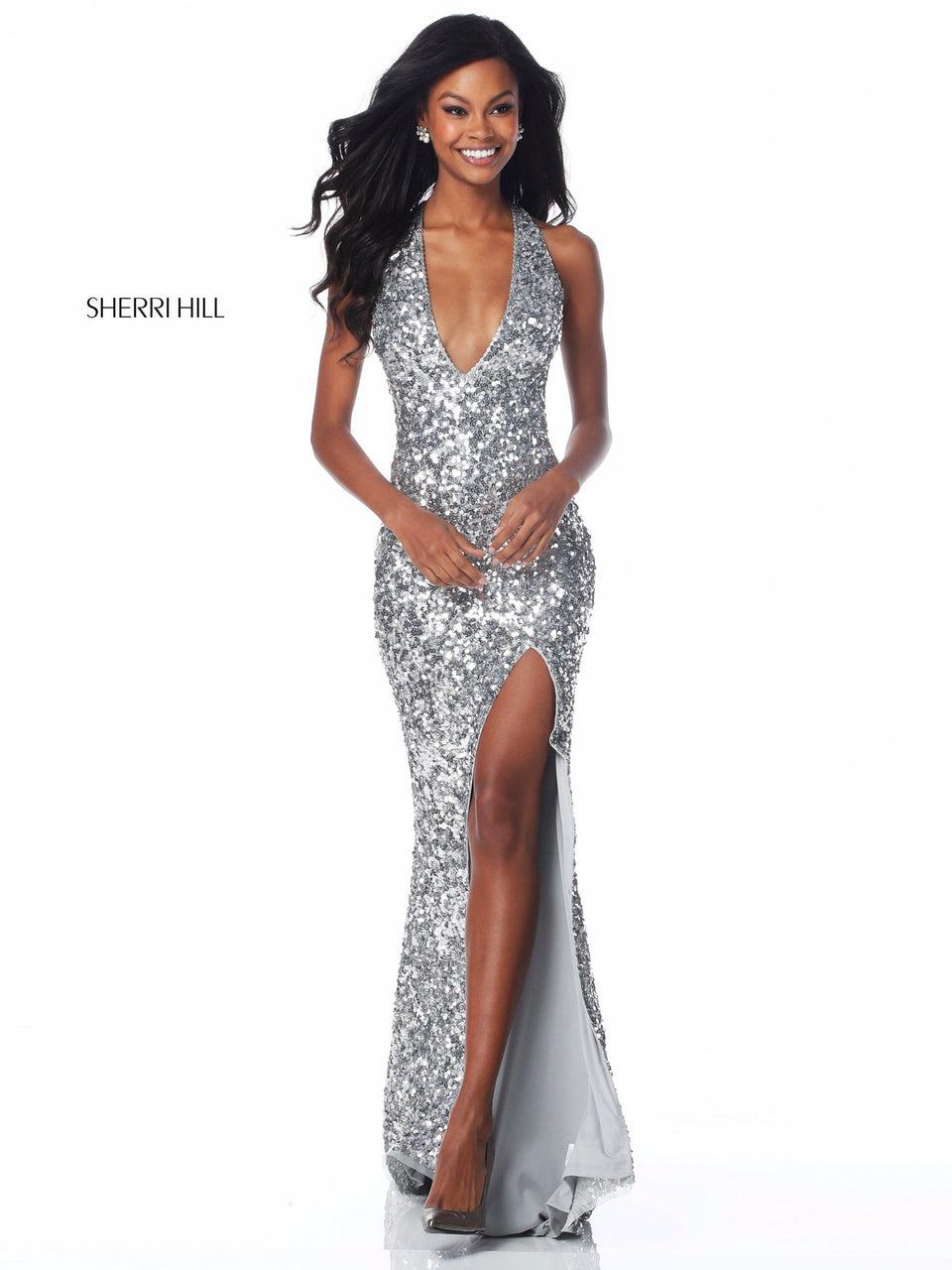 Sherri Hill Fitted Sequin Gown With Deep V Bodice Cut Out Back And Slit Skirt