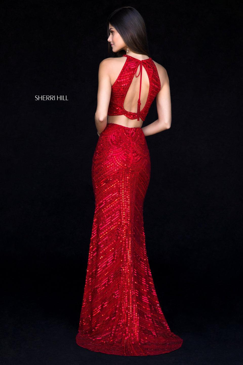 Sherri Hill Fitted Sequin Two-piece Gown With A Scallop Bodice And Keyhole Back With Tassel