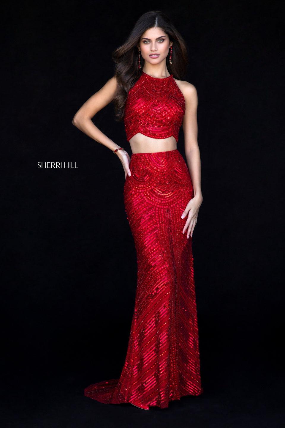 sherri hill Fitted sequin two-piece gown with a scallop bodice and keyhole back with tassel