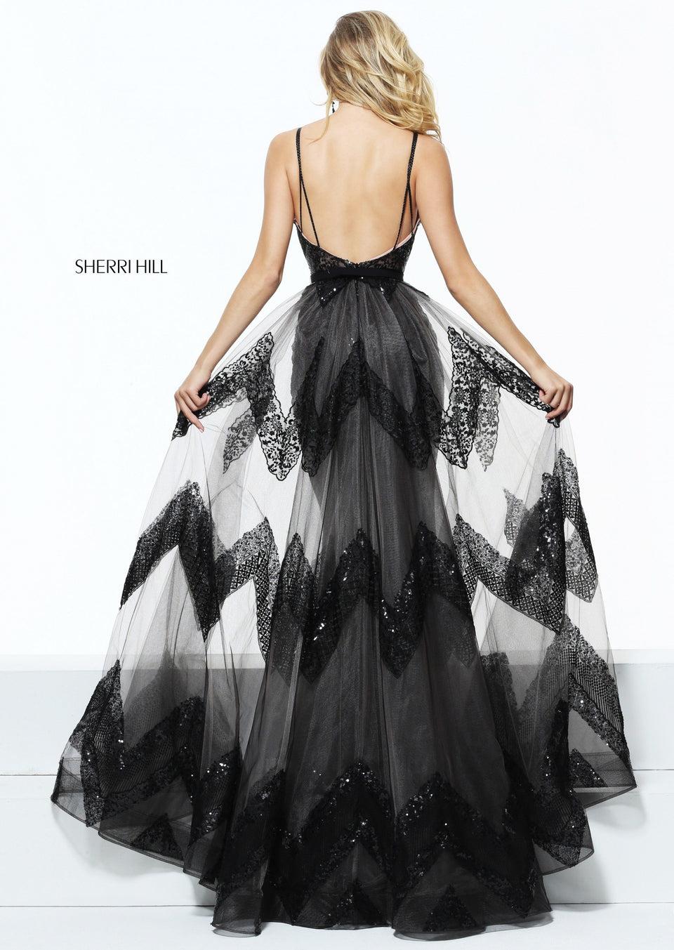 Sherri Hill Fitted Sequined Column With A Chevron Printed Tulle Over Skirt