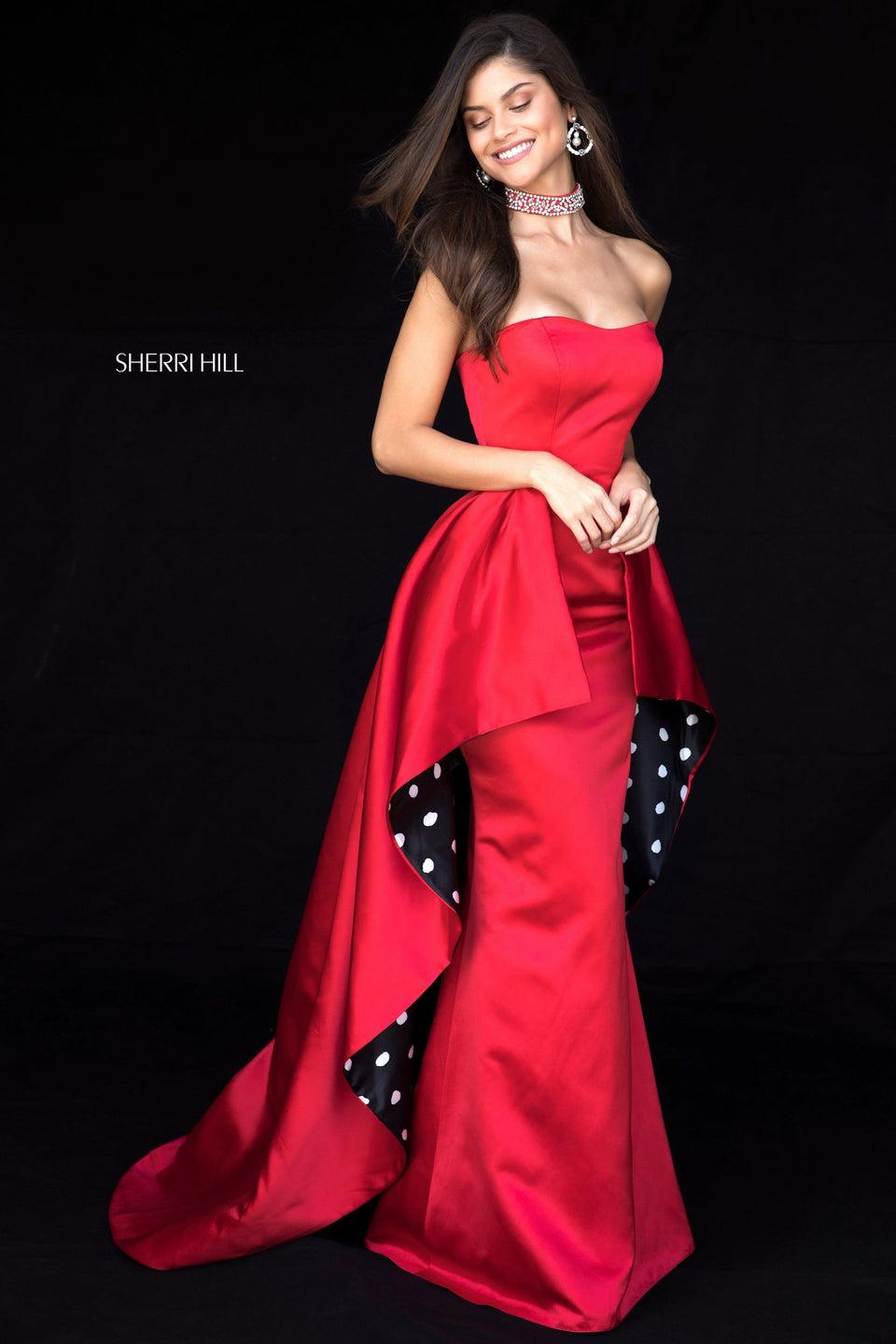 Sherri Hill Fitted Strapless Satin Gown With Polka Dot Ruffled Overskirt And Matching Beaded Choker Or Headband