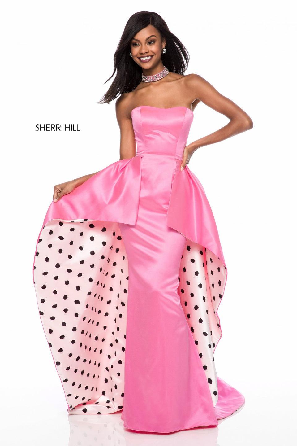 Sherri Hill Fitted Strapless Satin Gown With Polka Dot Ruffled Overskirt And Matching Beaded Choker Or Headband