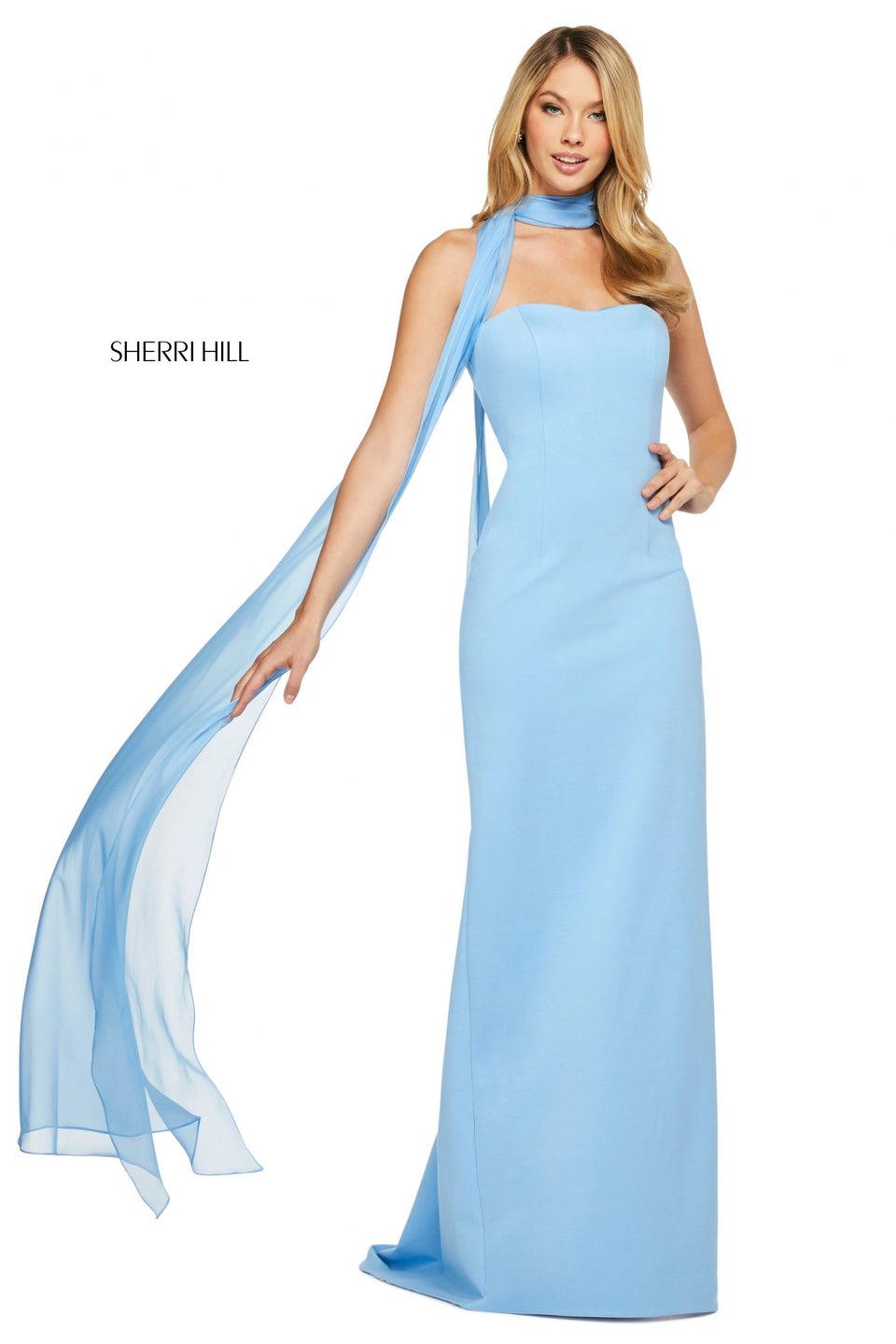 Sherri Hill Fitted Strapless Scuba Dress With Side Slit And Long Chiffon Scarf