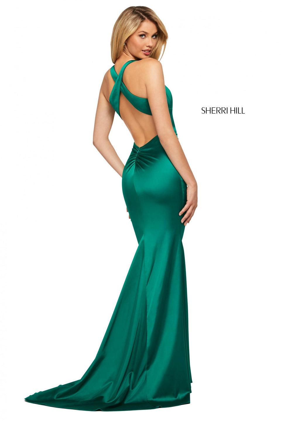 sherri hill Fitted stretch satin gown with high neckline criss cross strap back and ruched lower back sherri hill Fitted stretch satin gown with high neckline criss cross strap back and ruched lower back