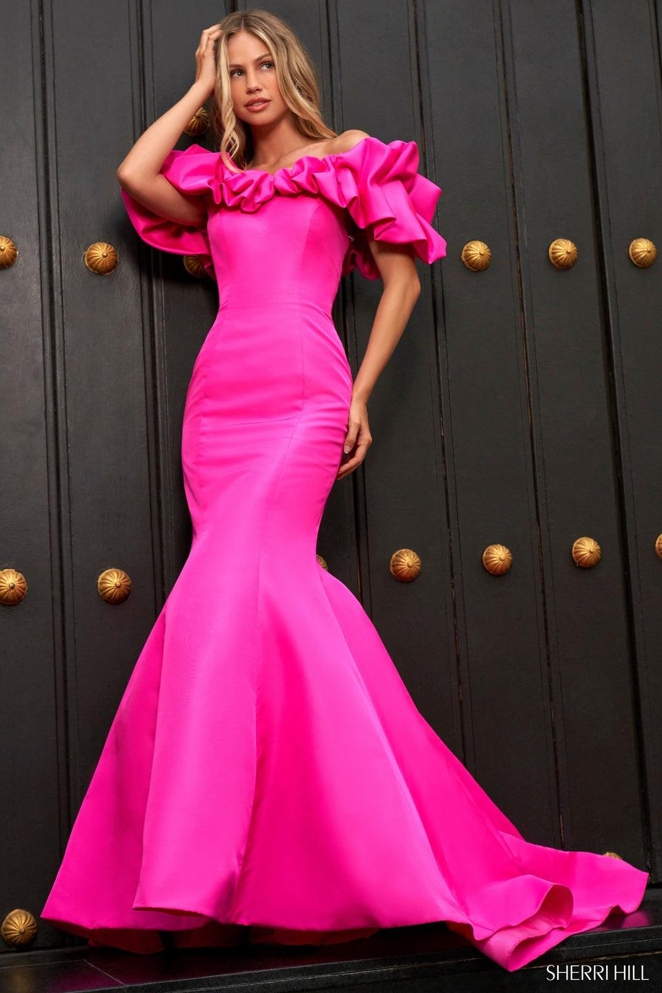 sherri hill Fitted taffeta mermaid gown with ruffled off the shoulder neckline