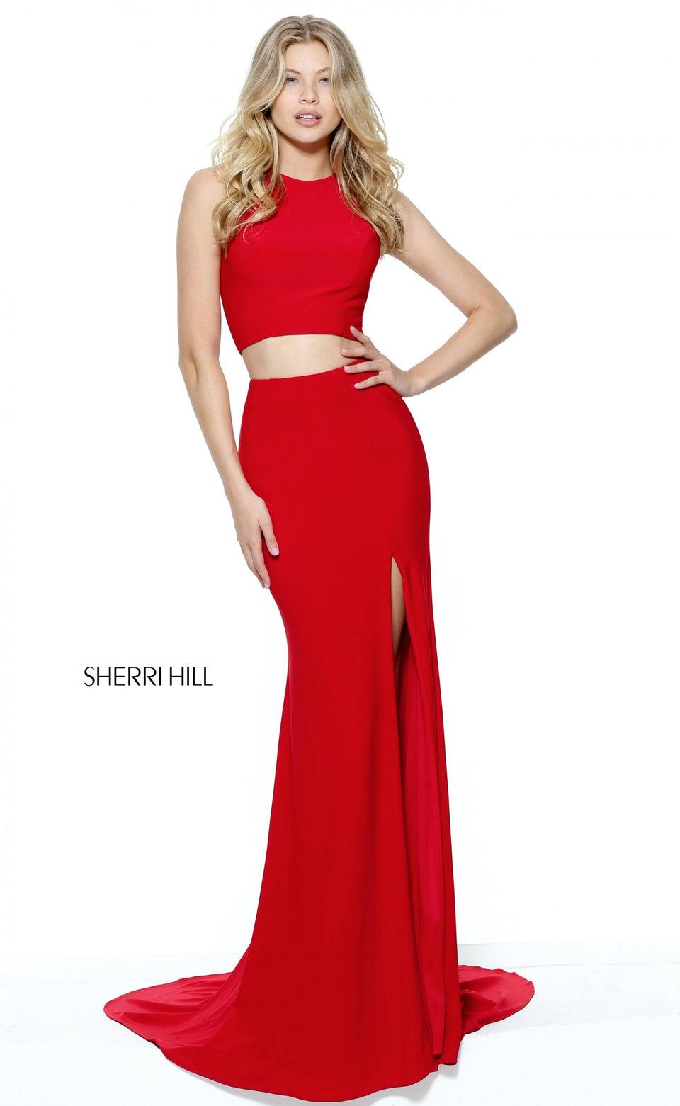 sherri hill Fitted two piece jersey with slit skirt and high neck bodice