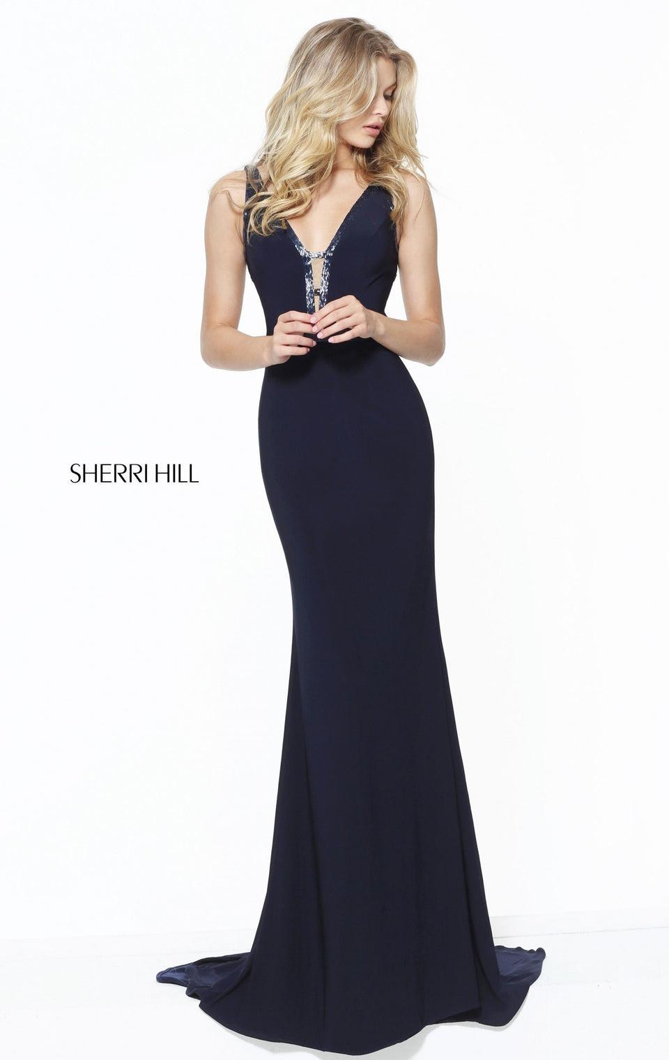 Sherri Hill Fitted V-neck Jersey With Liquid Beaded Accents