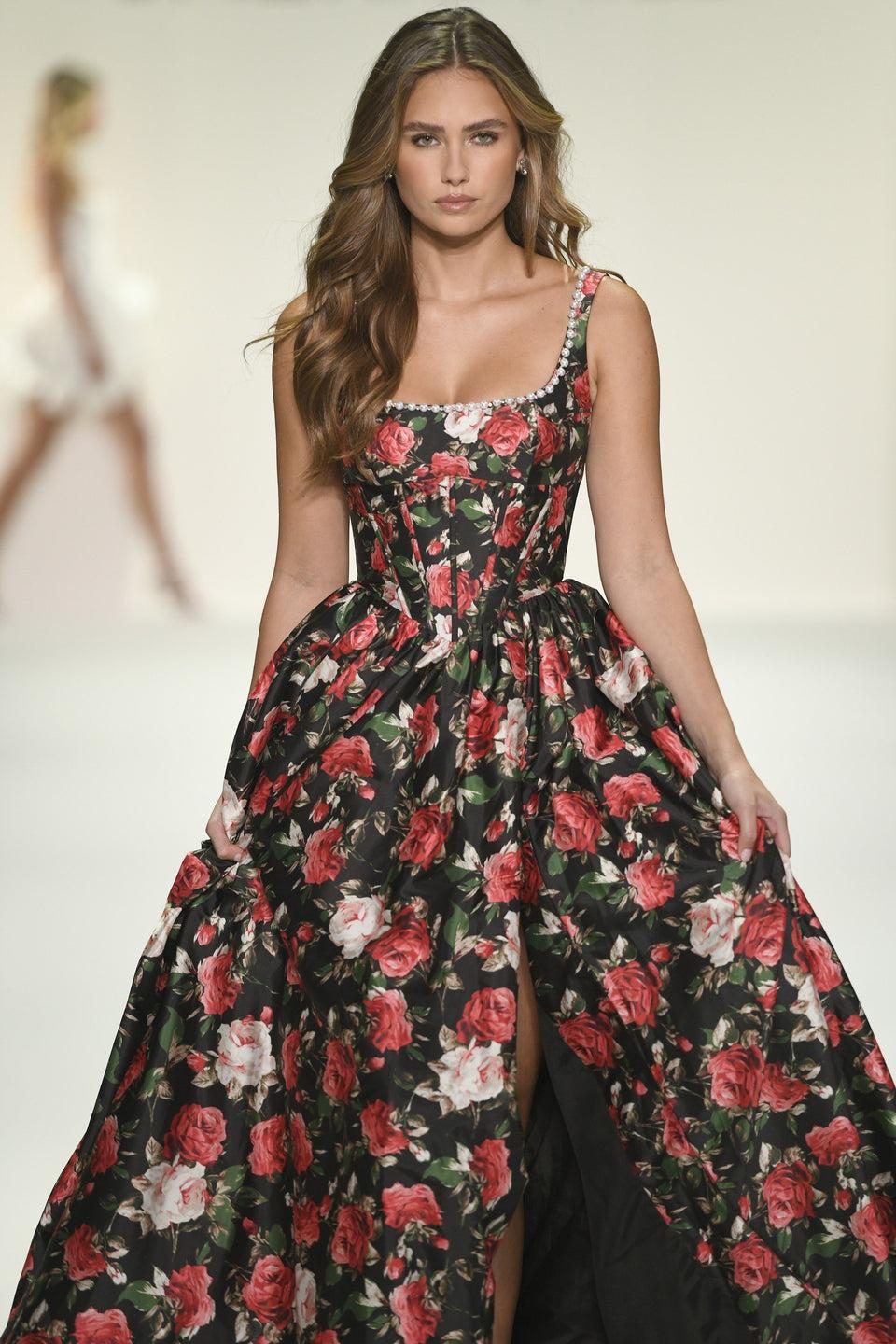 Sherri Hill Floral A-line Gown With Corset Bodice Pearl Embellishments And A Skirt Slit