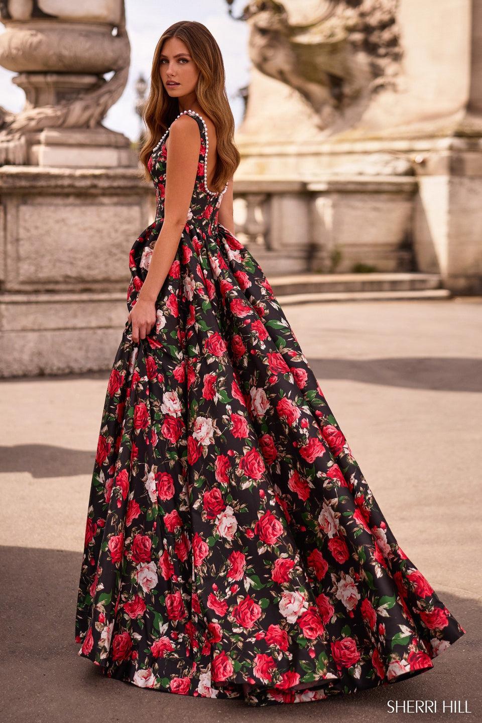 Sherri Hill Floral A-line Gown With Corset Bodice Pearl Embellishments And A Skirt Slit